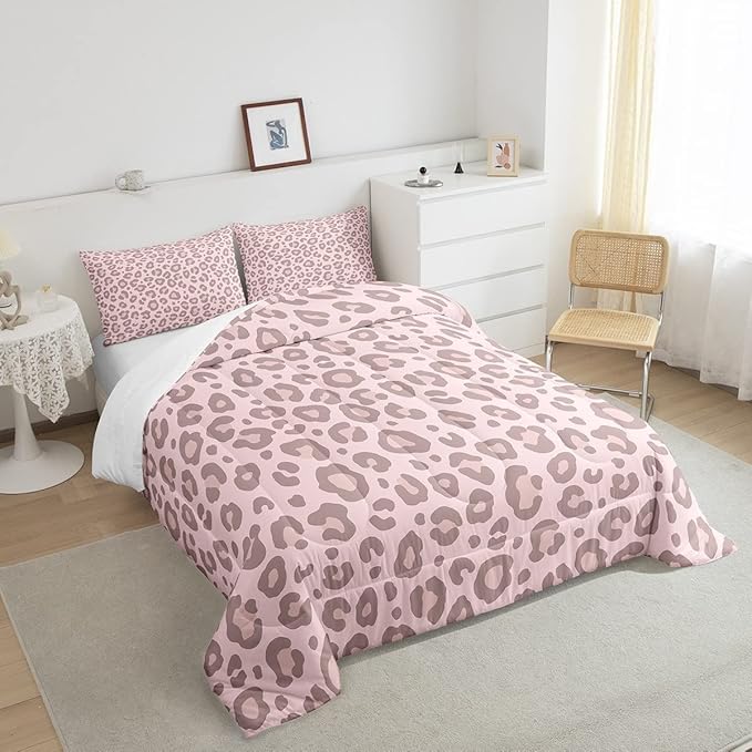 Feelyou Pink Leopard Skin Comforter Leopard Print Comforter Set for Kids Boys Girls Africa Cheetah Printed Bedding Set Soft Decor Safari Animal Fur Duvet Set King Size Quilt Boys