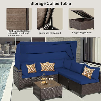 6 PCS Outdoor Patio Furniture Set,Sectional Sofa Set,Rattan Daybed with Retractable Canopy,Adjustable Backrest,Storage Coffee Table,Chaise Chair Sunbed for Garden Poolside Backyard(Dark Blue)