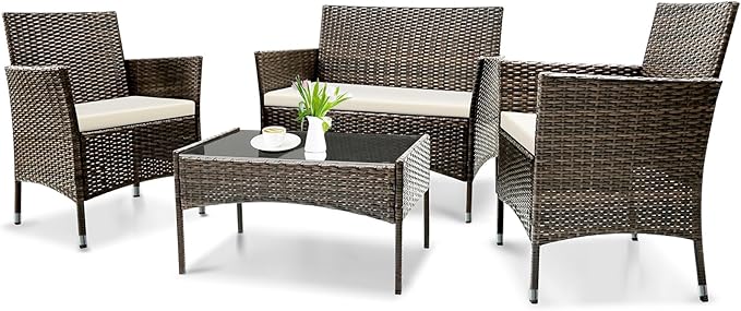 Patio Furniture, 4 Piece Conversation Set, Outdoor Wicker Rattan Table and Chairs, Sectional Sofa with Thick Cushion for Garden, Yard, or Porch, Brown