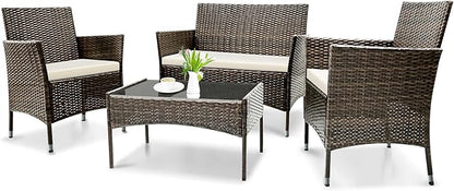 Patio Furniture, 4 Piece Conversation Set, Outdoor Wicker Rattan Table and Chairs, Sectional Sofa with Thick Cushion for Garden, Yard, or Porch, Brown