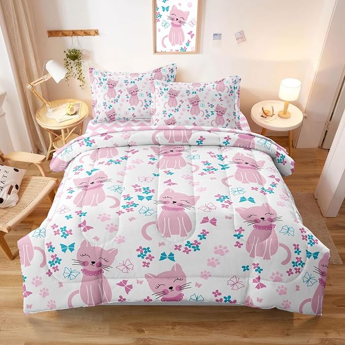 Kids Cat Bedding Twin Size Bed in a Bag, Cute Pink Animal Comforter Set for Teen Girls Bedroom Decor, Kawaii Floral Butterfly Bedding Sets & Collections