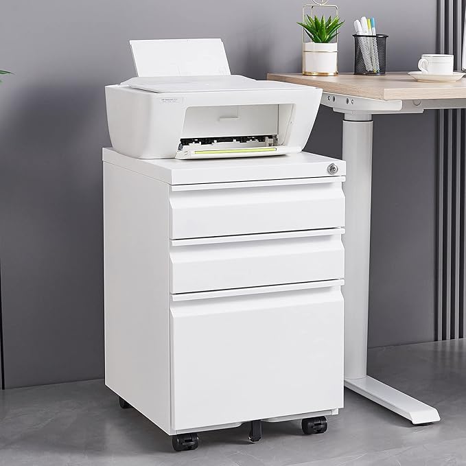 3-Drawer Mobile Lock and 5 Casters,Pre-Assembled Metal Office Storage Filing Cabinets w/ 1 Removable Hanging Rods,for Legal/Letter Size,White