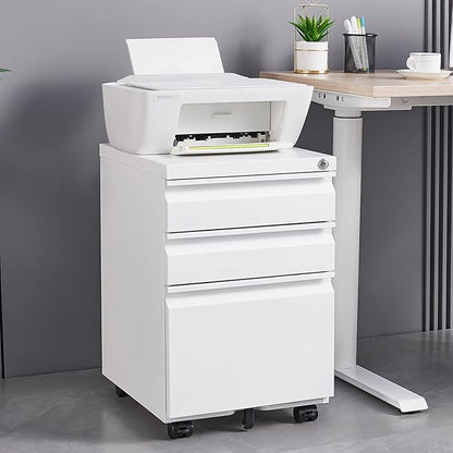 3-Drawer Mobile Lock and 5 Casters,Pre-Assembled Metal Office Storage Filing Cabinets w/ 1 Removable Hanging Rods,for Legal/Letter Size,White