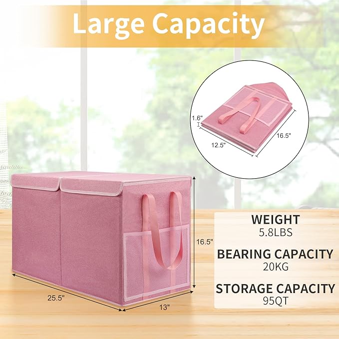 Large Toy Box for Boys Girls Toy Chest Kids Toy Storage Organizer Collapsible Toy Storage Bin Basket with Two Mesh Pockets for Nursery Playroom Bedroom Living Room Organization