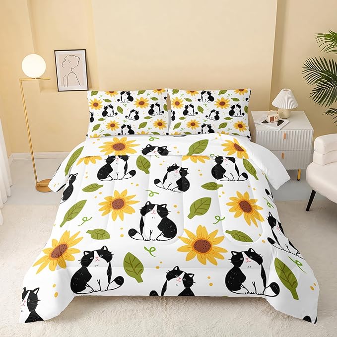 Kawaii Cat Comforter Full Size,Sunflower Cat Comforter Set for Kids Teens Girls Boys,3Pcs Bedding Set Printed Comforter with 2 Pillowcases,Down Alternative,Soft and Lightweight，Full Size
