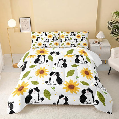 Kawaii Cat Comforter Full Size,Sunflower Cat Comforter Set for Kids Teens Girls Boys,3Pcs Bedding Set Printed Comforter with 2 Pillowcases,Down Alternative,Soft and Lightweight，Full Size