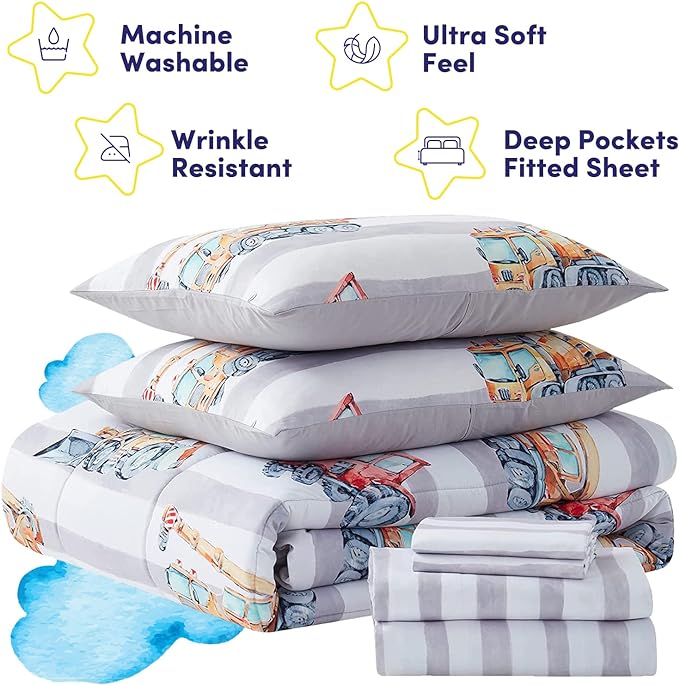Kids Bedding Set Bed in a Bag for Boys and Girls Toddlers Printed Sheet Set and Comforter , Full, Trucks
