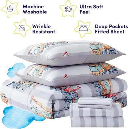 Kids Bedding Set Bed in a Bag for Boys and Girls Toddlers Printed Sheet Set and Comforter , Full, Trucks