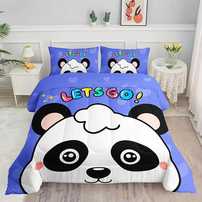 Datura home Panda Comforter Bedding Set for Boys Girls Kids Teens,Cartoon Panda Blue Heart Kawaii Animal Theme with 1 Comforter and 2 Pillowcases(Panda Queen)