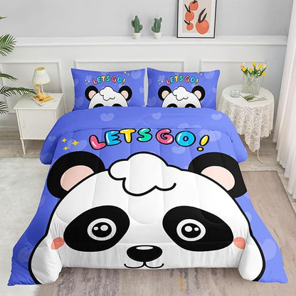 Datura home Panda Comforter Bedding Set for Boys Girls Kids Teens,Cartoon Panda Blue Heart Kawaii Animal Theme with 1 Comforter and 2 Pillowcases(Panda Twin)