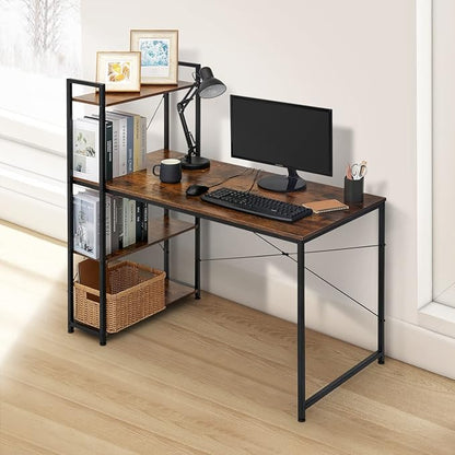 MoNiBloom Computer Desk with 4 Tier Storage Shelves, 47 Inches Home Office Study Writing Desks with Display Bookshelf, Rustic Brown