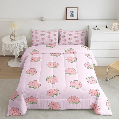 Cartoon Comforter Set King Size Pink Peach Bedding Set Kid Kawaii Down Comforter Girl Lovely Peach Duvet Set Cute Fruits Comforter Tropical Plant Bedding Reversible Soft Lightweight Room Decor
