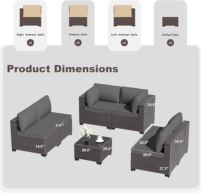 Outdoor Furniture Set 7PCS Patio Furniture for Backyard Wicker Sectional Sofa Set 6 Seats, PE Rattan Outdoor Conversation Set with Thickened Cushions and Glass Coffee Table, Grey