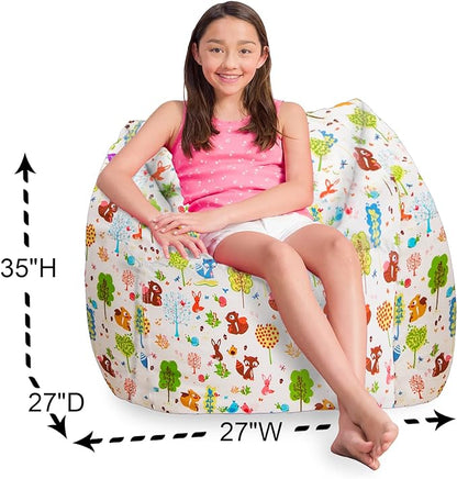 Posh Creations Structured Comfy Bean Bag Chair for Gaming, Reading, and Watching TV, Coronado Chair, Canvas - Forest Critters on White