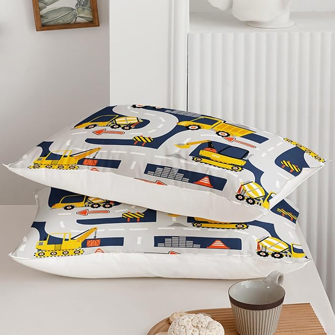 Axolotl Cartoon Excavator Bedding Set Full,Tractor Truck Bedding Set,Boys Construction Bedding Set,Yellow Vehicles Truck Comforter Construction Site Decor for Kids Boys Teens,1 Quilt 2 Pillowcases
