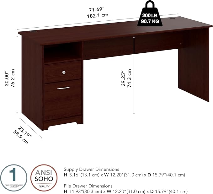Bush Furniture Cabot Desks for Home Office with Storage and Chrome Hardware | Elegant Computer Table with Drawers, 72W, Harvest Cherry