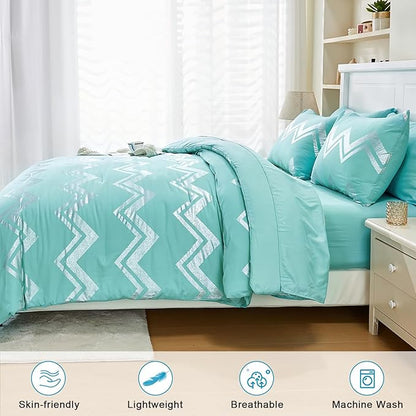 Wowelife Teal Comforter Set Queen7 Pieces Blue Glitter Metallic Bedding Set Full Teal Kids Comforter Set Breathable with Comforter, Flat Sheet, Fitted Sheet, 2 Pillow Shams and 2 Pillowcases