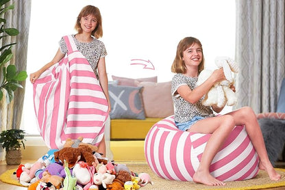 Aubliss Stuffed Animal Storage Bean Bag Chair Cover Only for Plush Toys, Blankets, X-Large 48"-Canvas Stripes Pink/White
