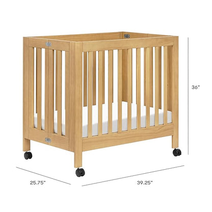 Babyletto Origami Mini Portable Crib Folding with Wheels in Honey, 2 Adjustable Mattress Positions, Greenguard Gold Certified