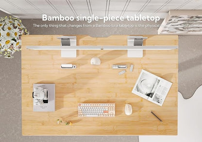 Bamboo Electric Standing Desk, 55x24 Inches Adjustable Height Stand up Desk with Whole Piece Desktop, Sit Stand Home Office Desk White Frame/Bamboo Top