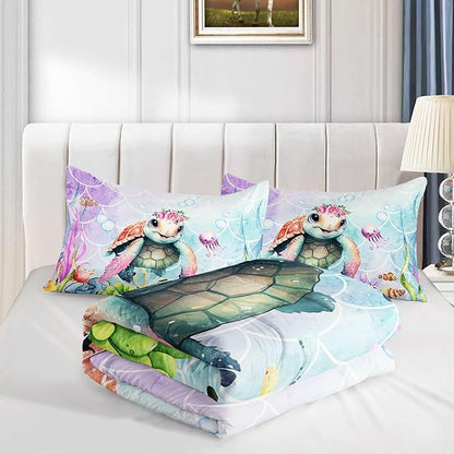 Datura home Kids Comforter Set Mermaid Scale Turtle Printed Pattern Bedding Set with 1 Comforter and 2 Pillowcases for Girls Boys Bedroom All Season(Turtle Twin)
