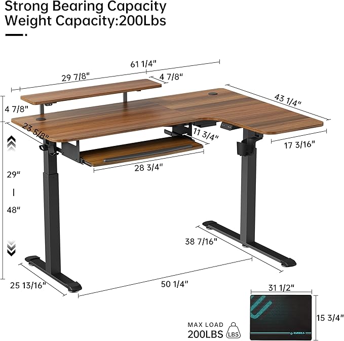 EUREKA ERGONOMIC Standing Desk Electric Adjustable Height (61"x43") Computer Desk with Keyboard Tray Sit Stand Desk L Shaped Desk for Work/Home Office,Dual Motor,Memory Presets,2 USB/RGB,Walnut/Right