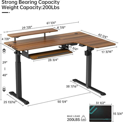 EUREKA ERGONOMIC Standing Desk Electric Adjustable Height (61"x43") Computer Desk with Keyboard Tray Sit Stand Desk L Shaped Desk for Work/Home Office,Dual Motor,Memory Presets,2 USB/RGB,Walnut/Right