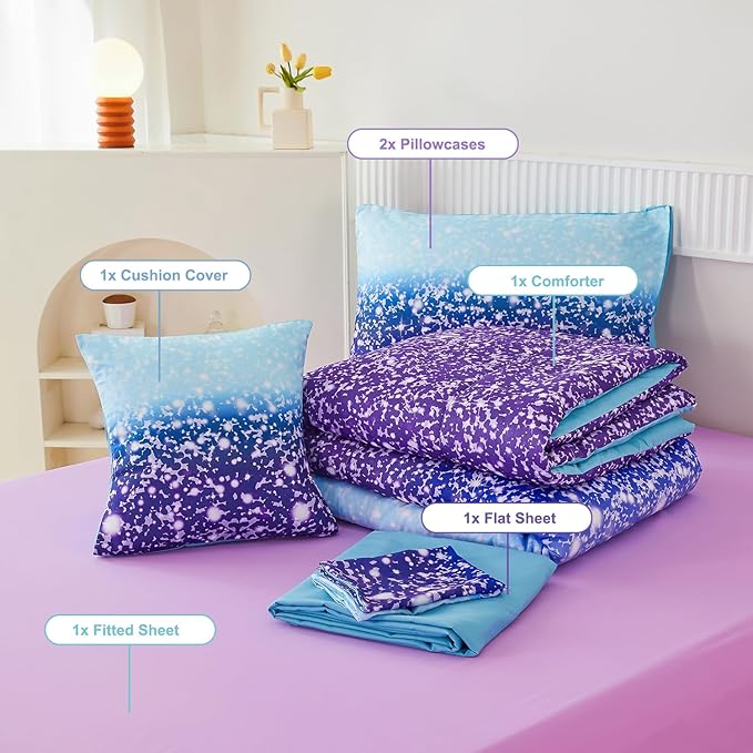PERFEMET 6Pcs Full Size Comforter Sets for Girls Blue Purple Ombre Rainbow Kids Bedding Set Colorful Tie Dye Glitter Teen Girls Bedroom Decor Bed in A Bag
