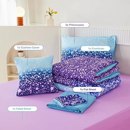 PERFEMET 6Pcs Full Size Comforter Sets for Girls Blue Purple Ombre Rainbow Kids Bedding Set Colorful Tie Dye Glitter Teen Girls Bedroom Decor Bed in A Bag
