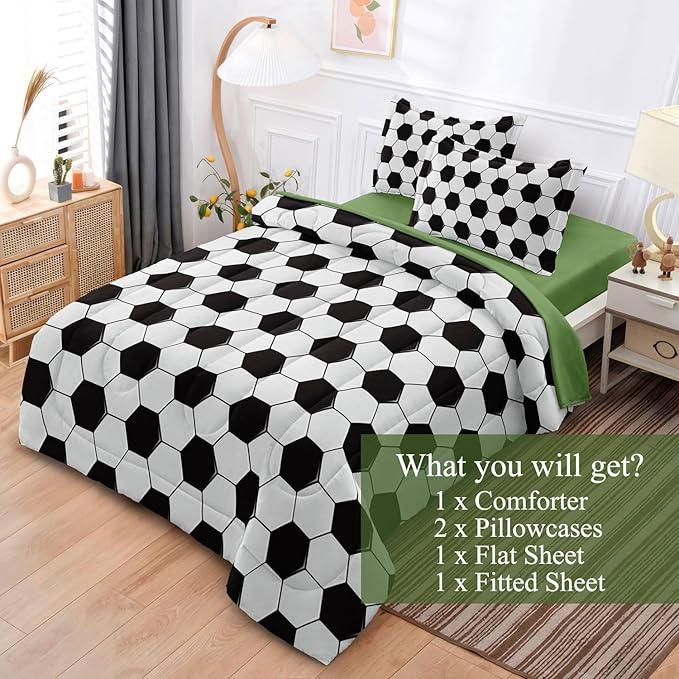 Soccer Comforter Set Full for Boys Girls, 5 Pieces Soccer Bedding Twin Bed in a Bag Set with Sheets, Black and White Bed Sets for Teenage