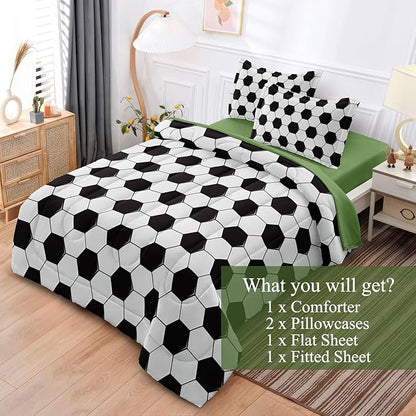 Soccer Comforter Set Full for Boys Girls, 5 Pieces Soccer Bedding Twin Bed in a Bag Set with Sheets, Black and White Bed Sets for Teenage