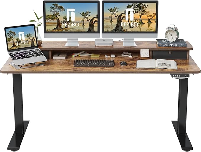 FEZIBO 60 x 24 Inch Height Adjustable Electric Standing Desk with Double Drawer, Stand Up Desk with Storage Shelf, Sit Stand Desk, Rustic Brown