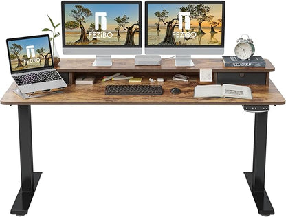 FEZIBO 60 x 24 Inch Height Adjustable Electric Standing Desk with Double Drawer, Stand Up Desk with Storage Shelf, Sit Stand Desk, Rustic Brown