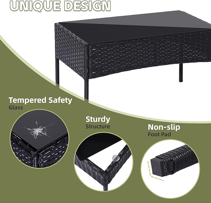 Patio Furniture Set,4 Piece Garden Conversation Set, Outdoor Wicker Rattan Table and Chairs, Black Patio Set, Sectional Sofa with Thick Cushion for Garden, Yard, or Porch (Black/Beige)
