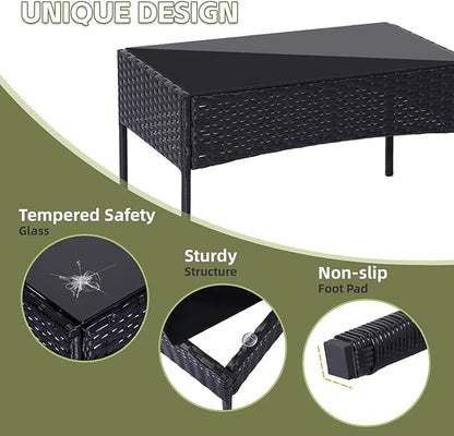 Patio Furniture Set,4 Piece Garden Conversation Set, Outdoor Wicker Rattan Table and Chairs, Black Patio Set, Sectional Sofa with Thick Cushion for Garden, Yard, or Porch (Black/Beige)