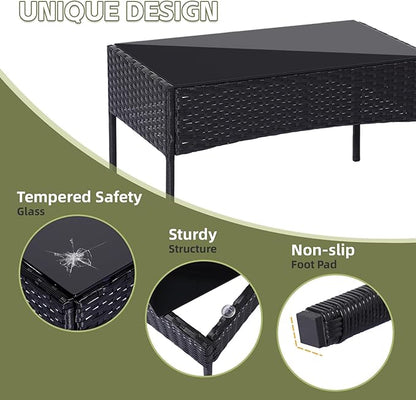 Patio Furniture Set 4 Pieces Conversation Sets Outdoor Wicker Rattan Chairs Garden Backyard Balcony Porch Poolside Loveseat with Soft Cushion and Tempered Glass Table(Black/Beige)