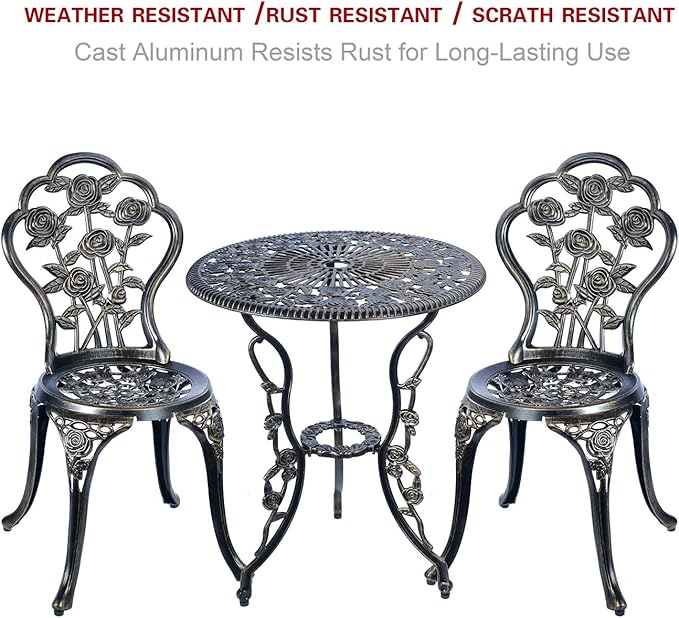 3 Piece Bistro Set,Outdoor Patio Set,Anti-Rust Cast Aluminum Bistro Table Set for Park Yard Front Porch Furniture(Antique Copper)