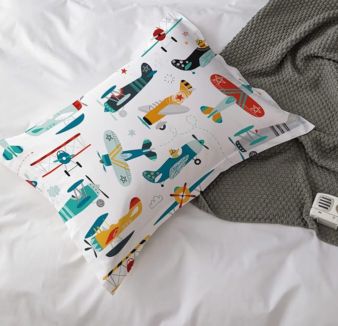 Kids Airplane Comforter Set Twin Size Colorful Cartoon propeller plane Bedding Set Kids Boys Teens Young Man Cartoon Airplanes Down Comforter Aviation Theme Duvet Bedroom Decor