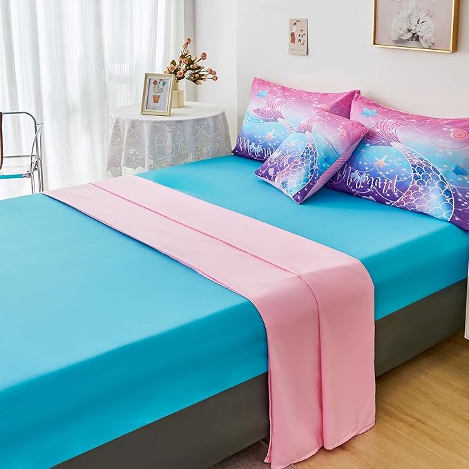 URBONUR Full Size Comforter Set for Girls Purple Blue Mermaid Tail Fish Scales Girls Bedding Set 6 Pcs Bed Sets with Comforter and Sheet Set, Soft All Season Bed in a Bag