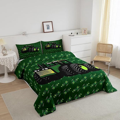 Erosebridal Boys Tractor Comforter Set Twin Size, Green Equipment Trucks Bedding Set, Construction Excavator Down Comforter, Cartoon Kids Car Room Decor Lightweight Soft Quilt Set, Farm Car Comforter