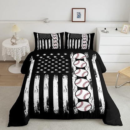 Feelyou Baseball Comforter American Flag Comforter Set Kids Boys Baseball Sports Games Bedding Set Children Girls Teens Black and White Ball Microfiber Quilt Set Room Decor for All Season Twin Size