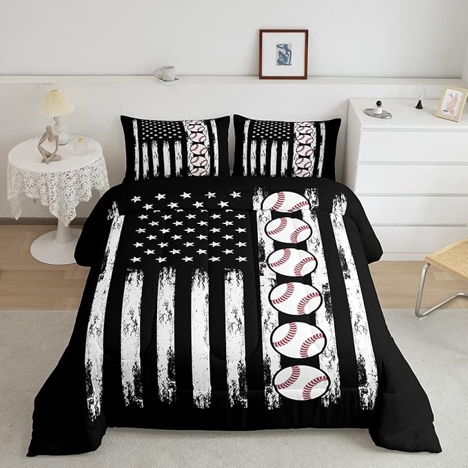Baseball Comforter American Flag Comforter Set Kids Boys Baseball Sports Games Bedding Set Children Girls Teens Black and White Ball Microfiber Quilt Set Room Decor for All Season Full Size