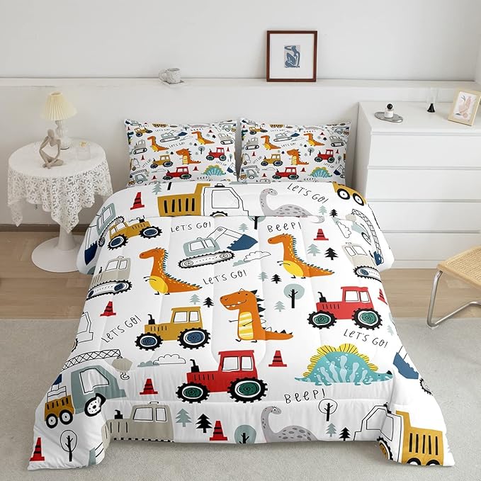 Feelyou Construction Comforter Set Kids Cartoon Dinosaur Comforter Cover Set for Boys Equipment Trucks Bedding Set Construction Vehicles Kawaii Jungle Dino Duvet Set Room Decor Quilt Set Twin Size