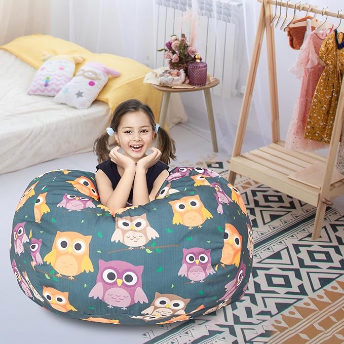 Stuffed Animal Storage Bean Bag Chair Cover, Hold Kids Plush Toys Blankets Towels Beanbag (Cover Only), Canvas Floor Circle Stuff Sit Seat Sofa with YKK Zipper, Extra Large 38", Owl