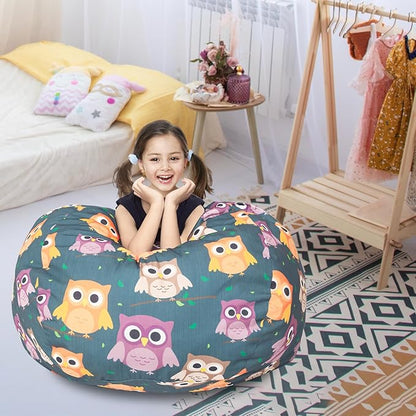 Stuffed Animal Storage Bean Bag Chair Cover, Hold Kids Plush Toys Blankets Towels Beanbag (Cover Only), Canvas Floor Circle Stuff Sit Seat Sofa with YKK Zipper, Extra Large 38", Owl