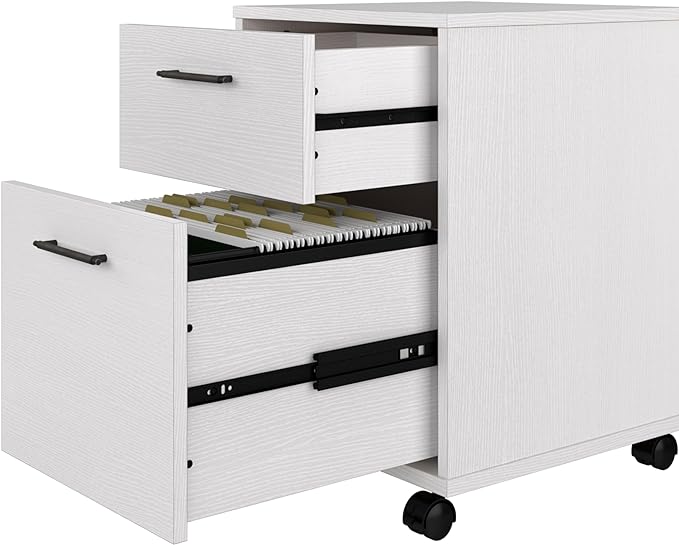 Bush Furniture Key West 60W L Shaped Desk with 2 Drawer Mobile File Cabinet in Pure White Oak