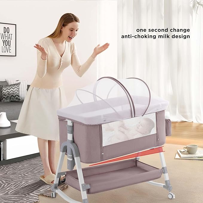 4 in 1 Baby Bassinet, Rocking Bassinets Bedside Sleeper with Comfy Mattress and Wheels, Height Adjustable Easy Folding Portable Bedside Crib for Newborn Infant,Khaki