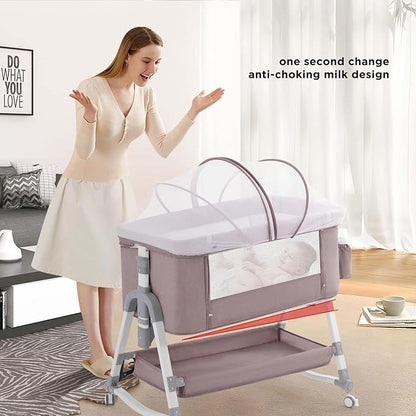 4 in 1 Baby Bassinet, Rocking Bassinets Bedside Sleeper with Comfy Mattress and Wheels, Height Adjustable Easy Folding Portable Bedside Crib for Newborn Infant,Khaki