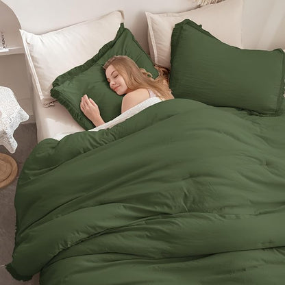 Andency Olive Green Comforter Set Full Size, 3 Pieces Boho Tassel Lightweight Bedding Comforter Sets, All Season Soft Fluffy Fringe Bed Set (79x90In Comforter & 2 Pillowcases)