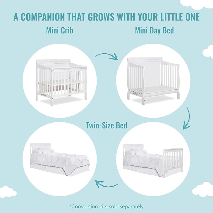 Aden 4-in-1 Convertible Mini Crib In White, Greenguard Gold Certified, Non-Toxic Finish, New Zealand Pinewood, With 3 Mattress Height Settings